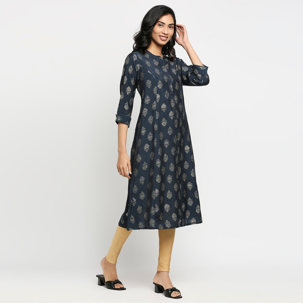 Women's Navy Viscose Blend Floral Kurta