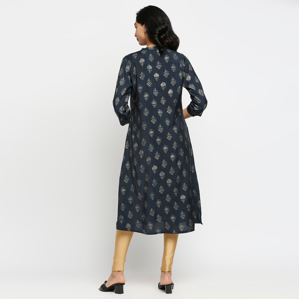 Women's Navy Viscose Blend Floral Kurta