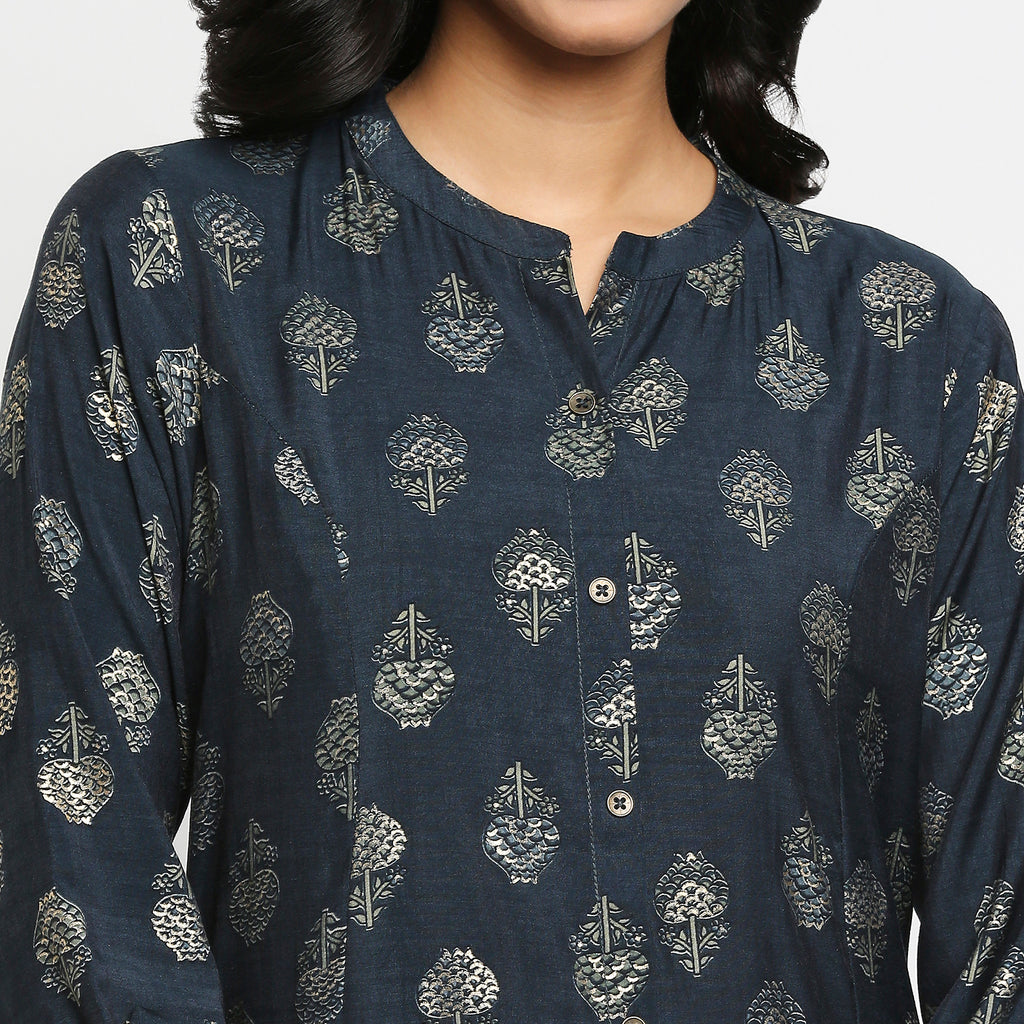 Women's Navy Viscose Blend Floral Kurta