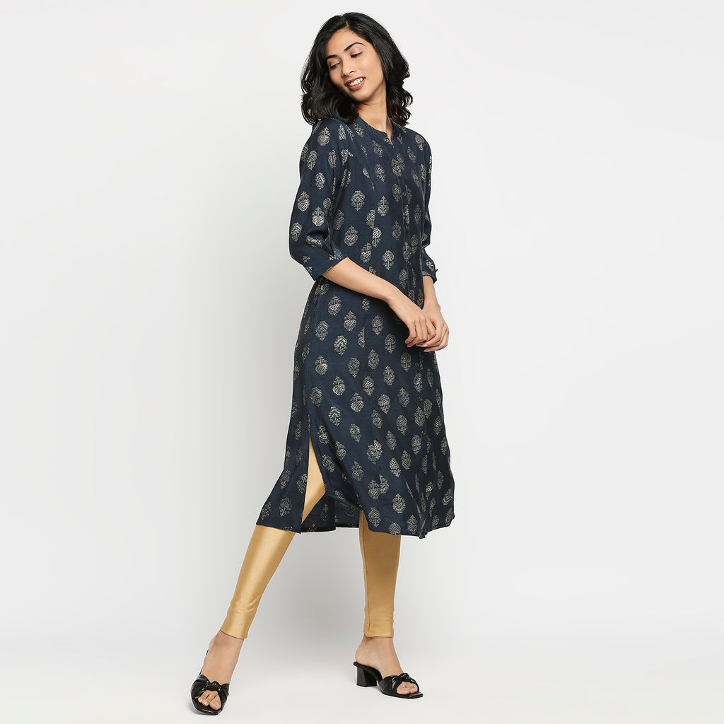 Women's Navy Viscose Blend Floral Kurta