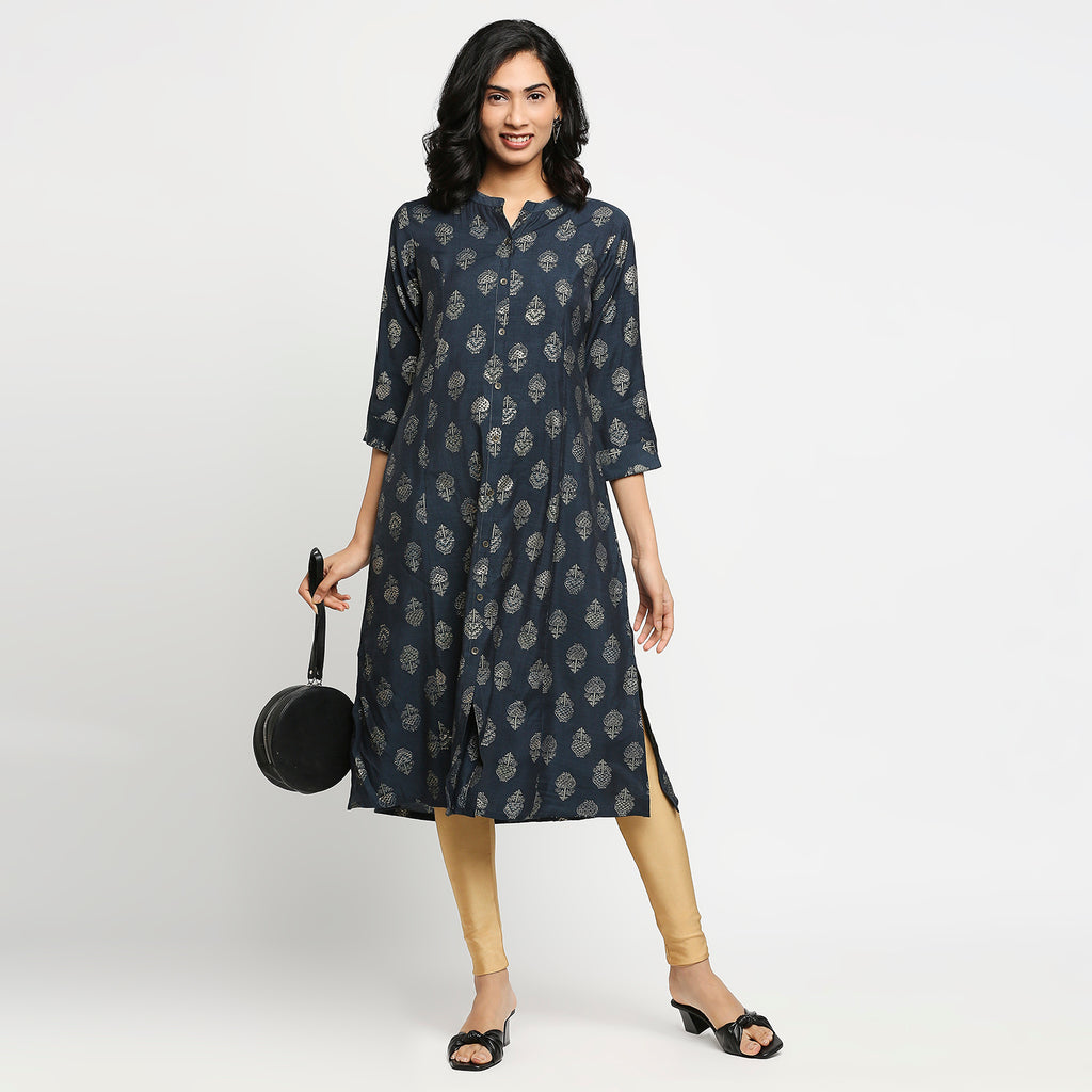Women's Navy Viscose Blend Floral Kurta