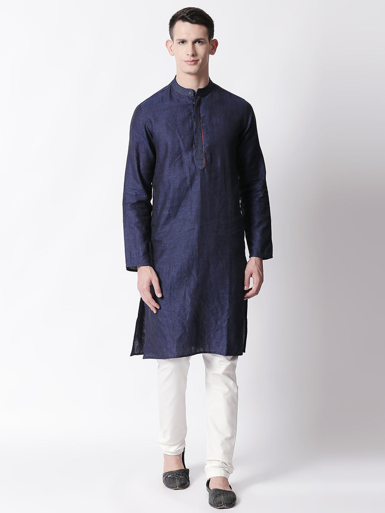 Men Straight Full Sleeve Navy Kurta