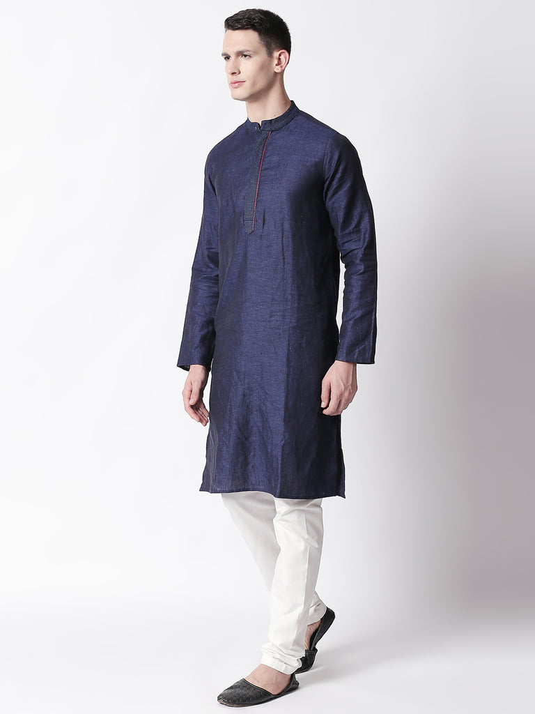 Men Straight Full Sleeve Navy Kurta
