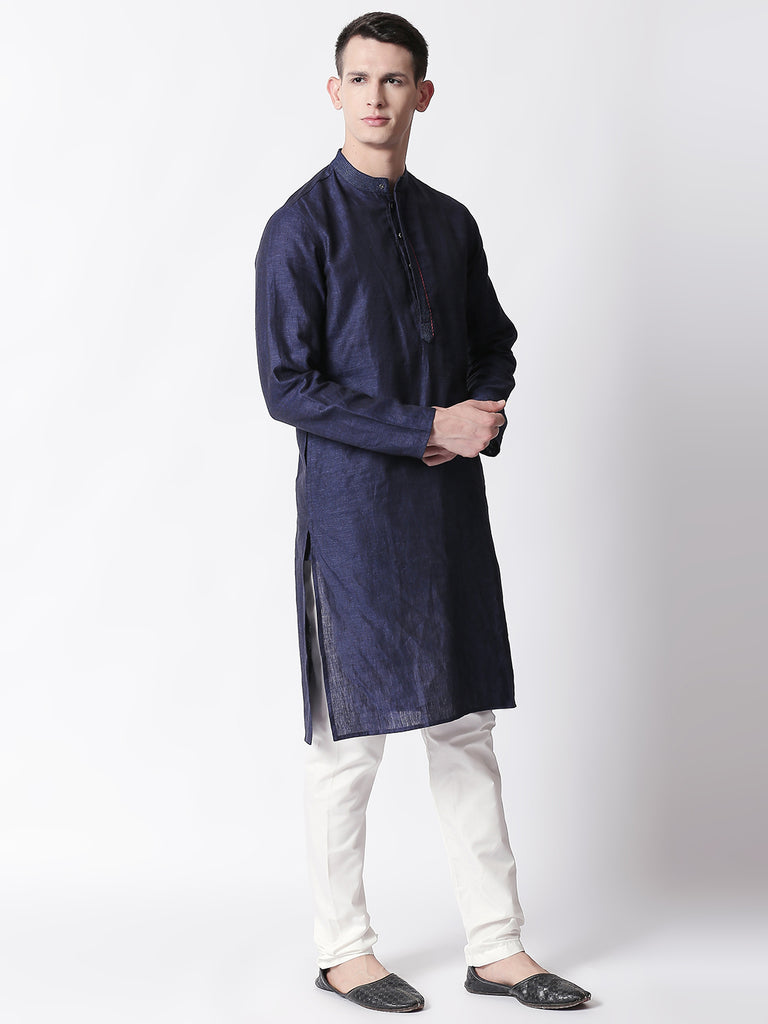 Men Straight Full Sleeve Navy Kurta
