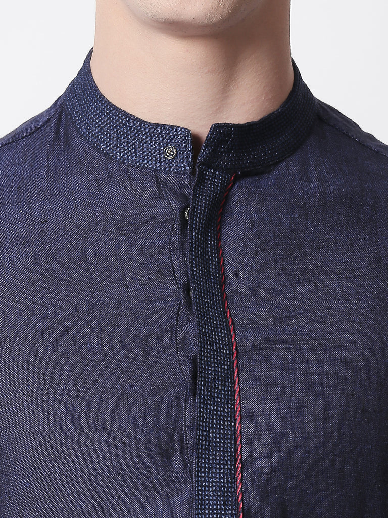 Men Straight Full Sleeve Navy Kurta