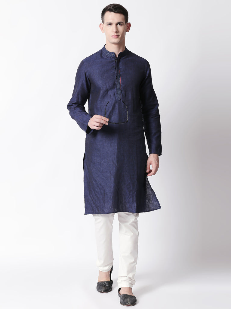 Men Straight Full Sleeve Navy Kurta