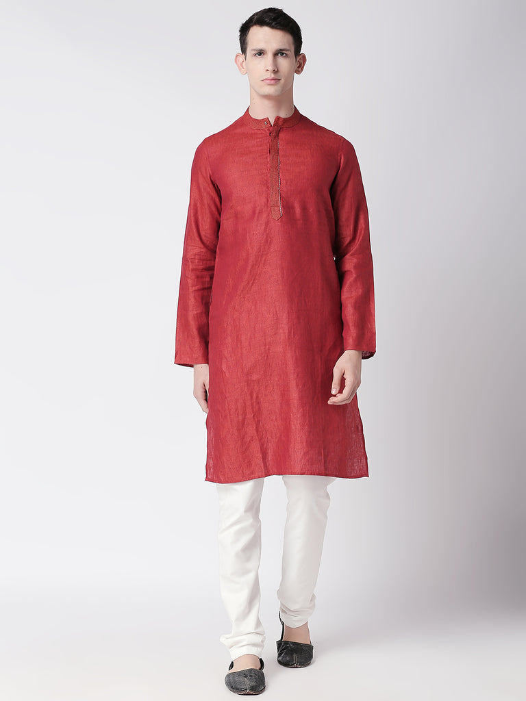 Men Straight Full Sleeve Rust Kurta