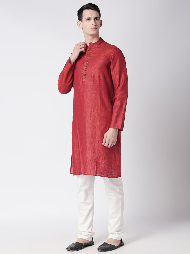 Men Straight Full Sleeve Rust Kurta