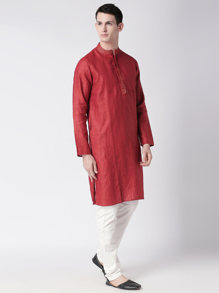 Men Straight Full Sleeve Rust Kurta