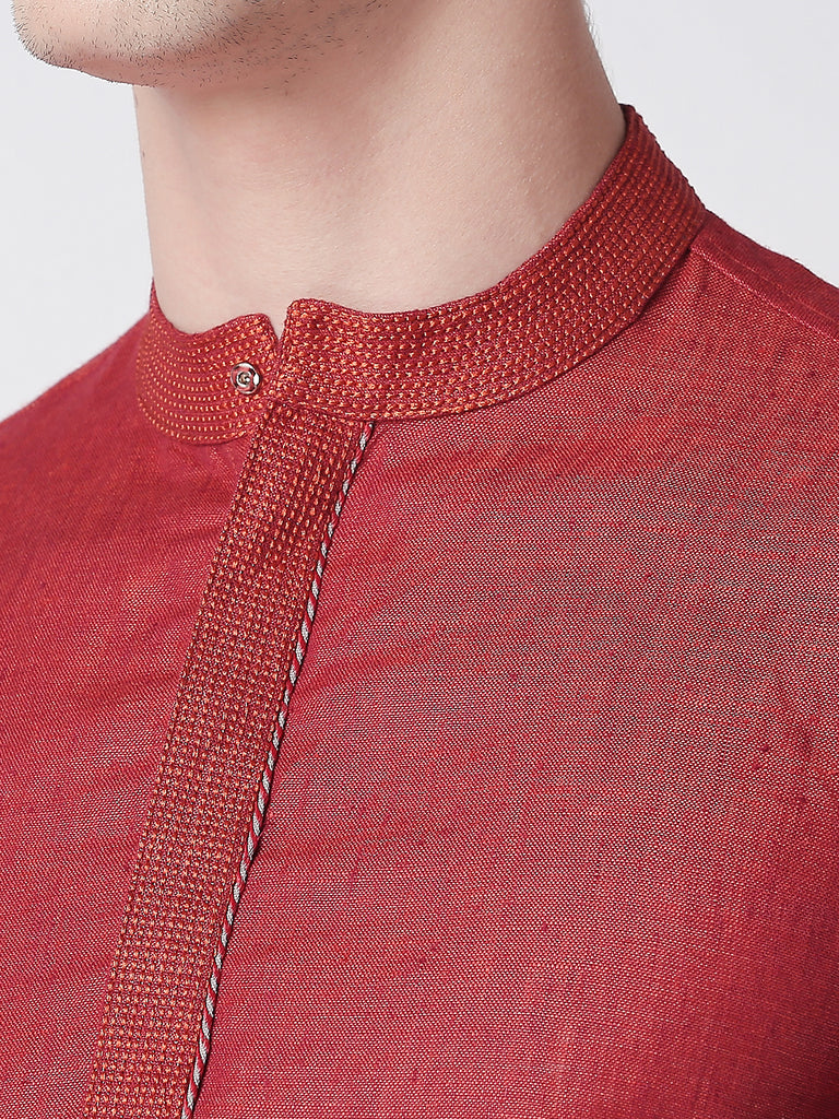 Men Straight Full Sleeve Rust Kurta