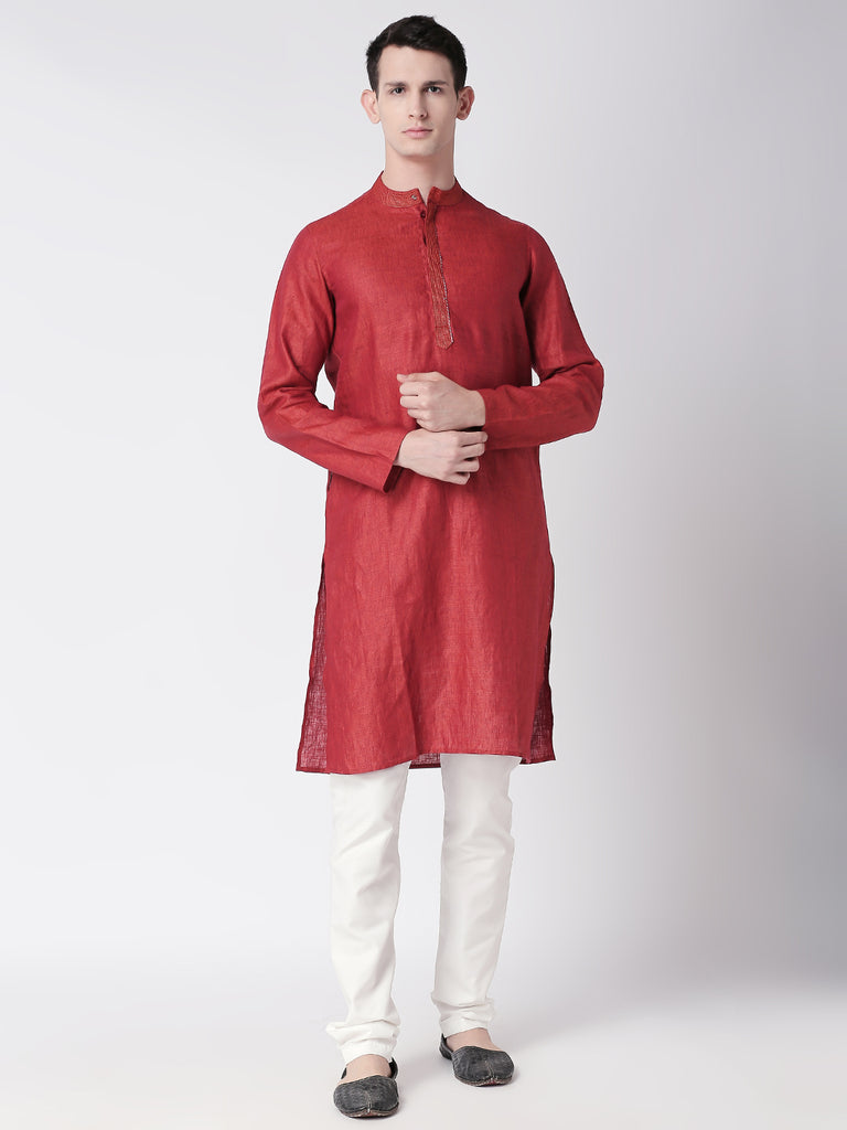 Men Straight Full Sleeve Rust Kurta