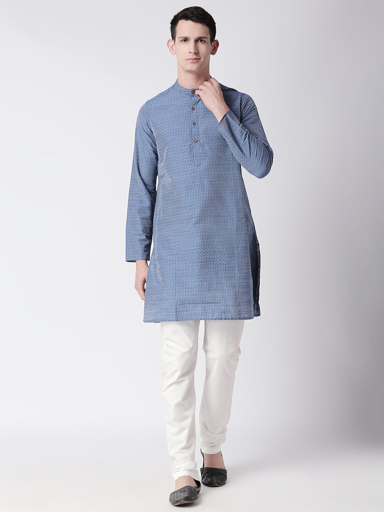 Men Straight Full Sleeve Blue Kurta