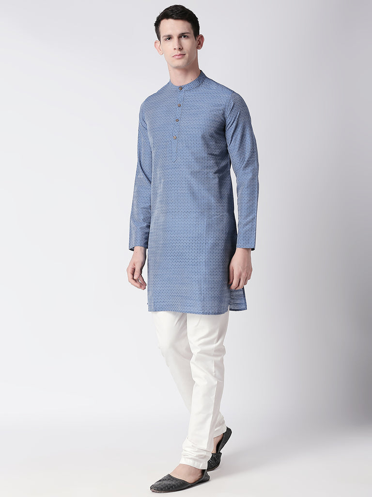 Men Straight Full Sleeve Blue Kurta