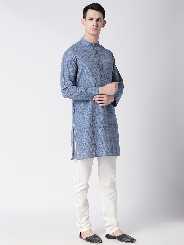 Men Straight Full Sleeve Blue Kurta