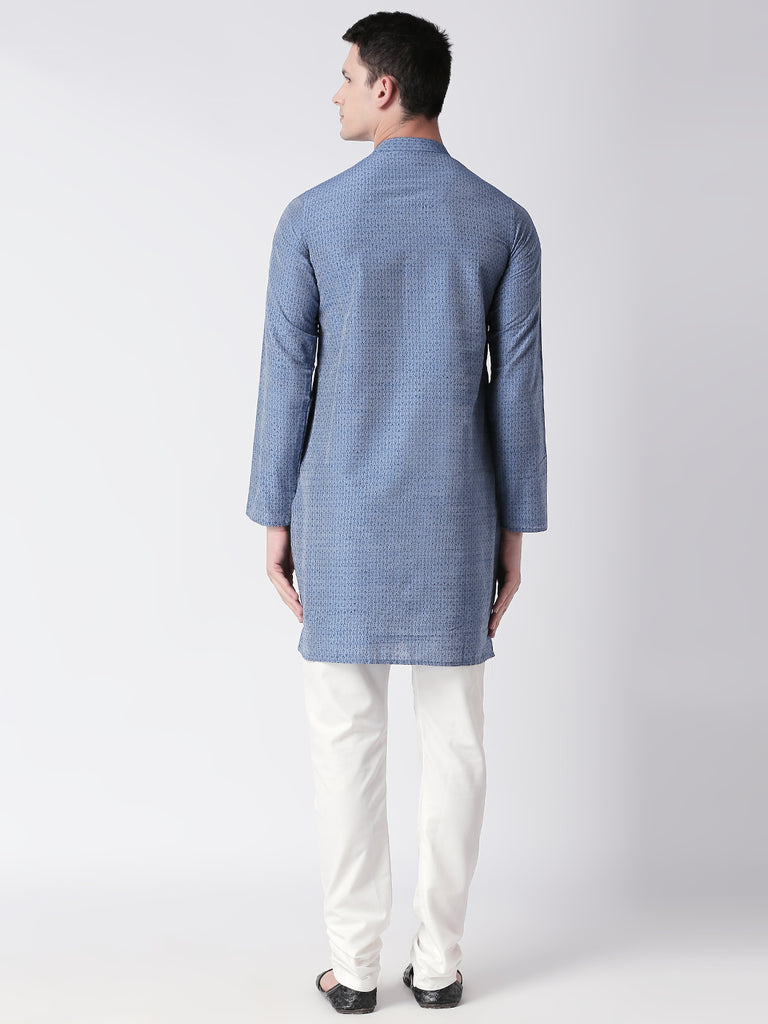 Men Straight Full Sleeve Blue Kurta