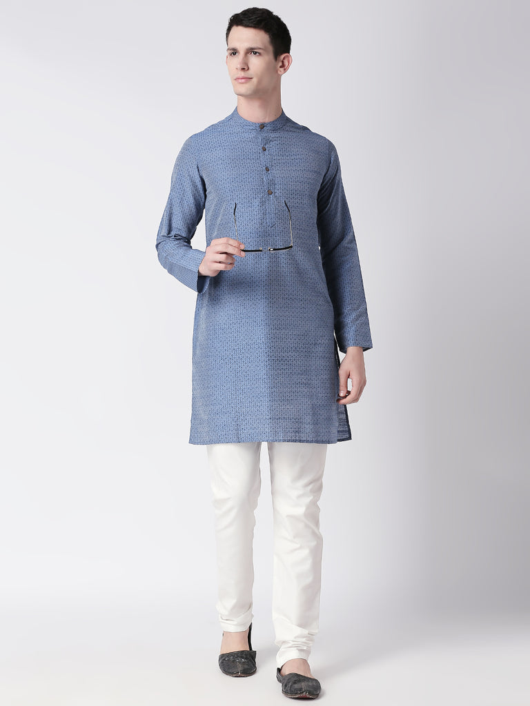 Men Straight Full Sleeve Blue Kurta