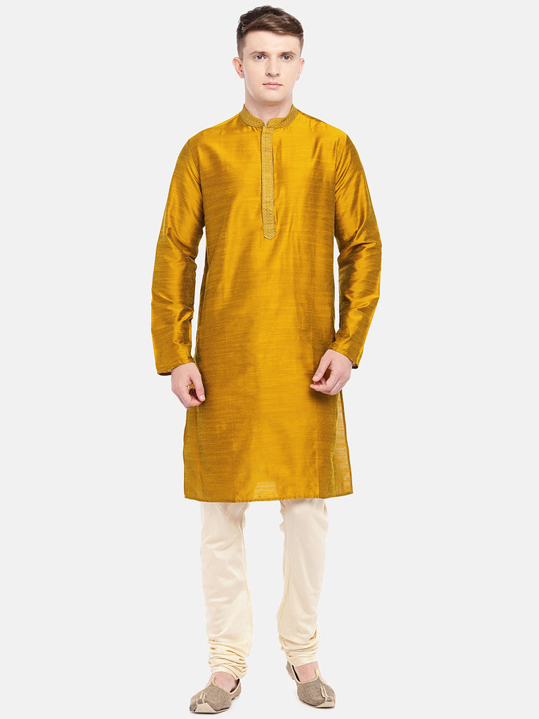 Men Straight Full Sleeve Mustard Kurta