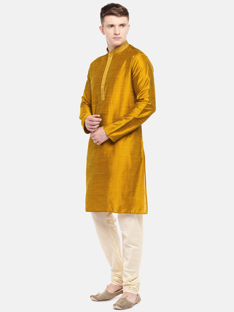Men Straight Full Sleeve Mustard Kurta