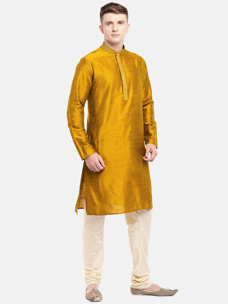 Men Straight Full Sleeve Mustard Kurta