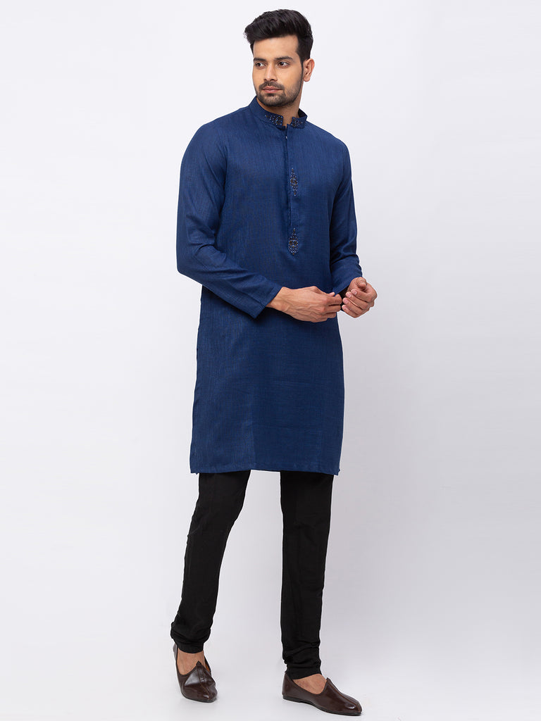 Men Straight Full Sleeve Navy Kurta