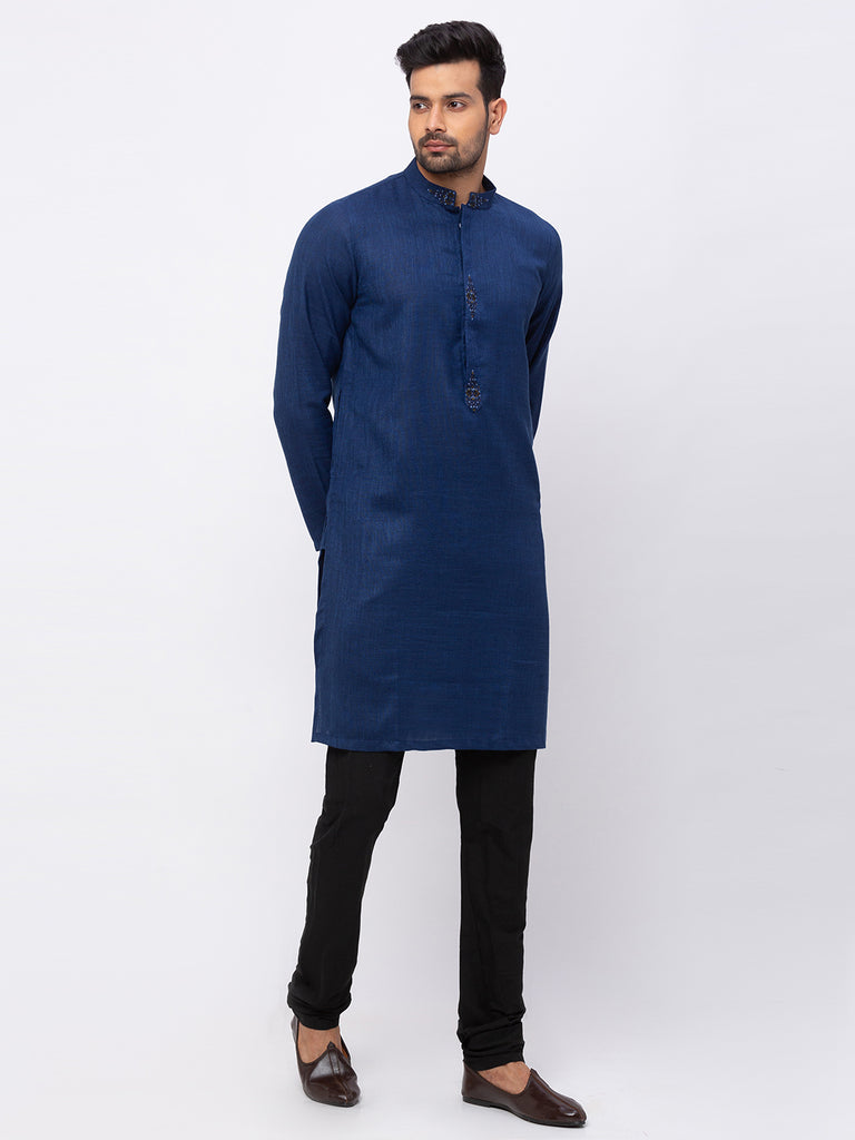 Men Straight Full Sleeve Navy Kurta
