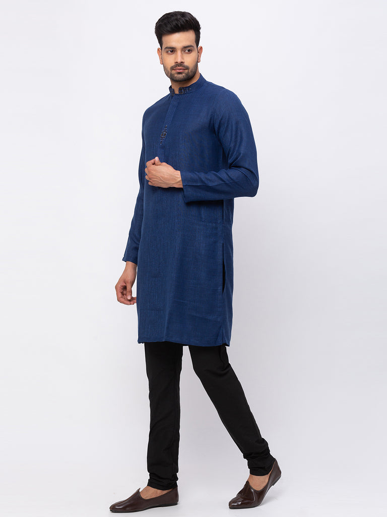 Men Straight Full Sleeve Navy Kurta