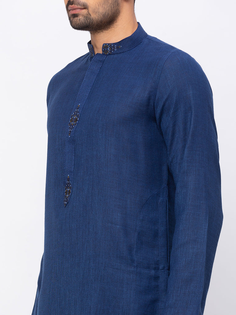 Men Straight Full Sleeve Navy Kurta