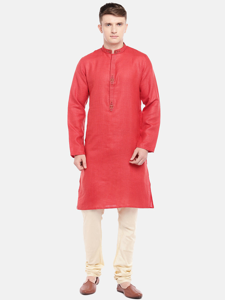 Men Straight Full Sleeve Red Kurta