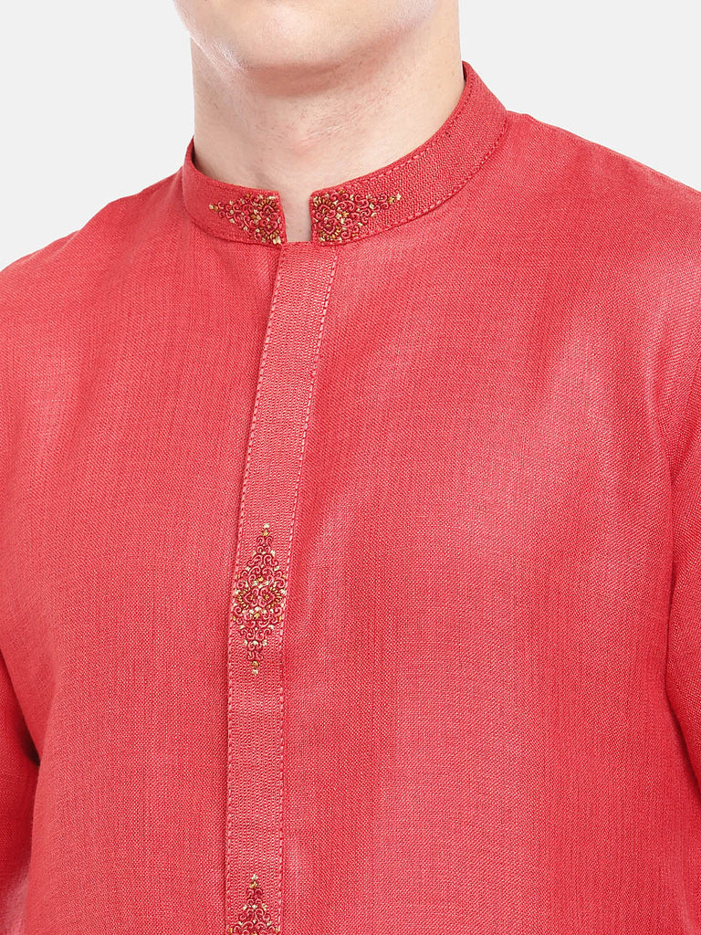 Men Straight Full Sleeve Red Kurta