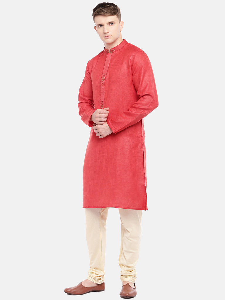 Men Straight Full Sleeve Red Kurta