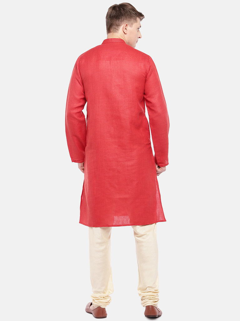 Men Straight Full Sleeve Red Kurta