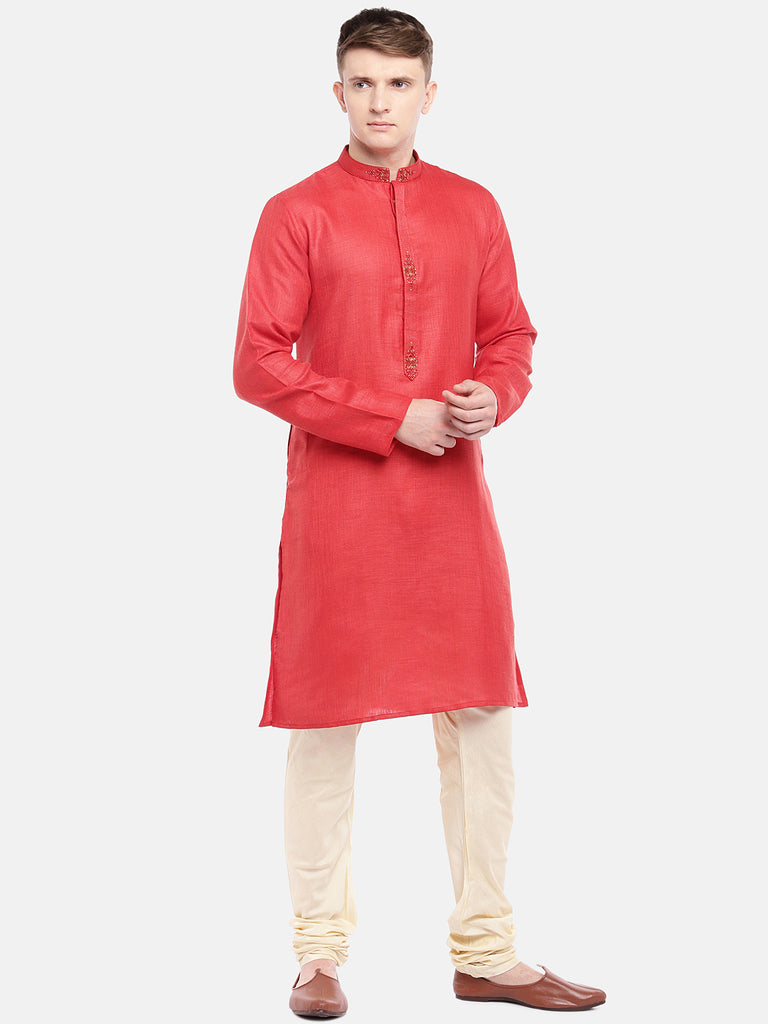 Men Straight Full Sleeve Red Kurta