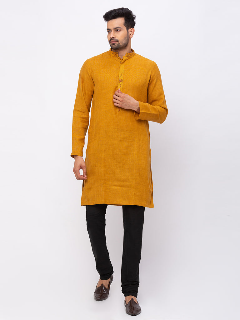 Men Straight Full Sleeve Mustard Kurta