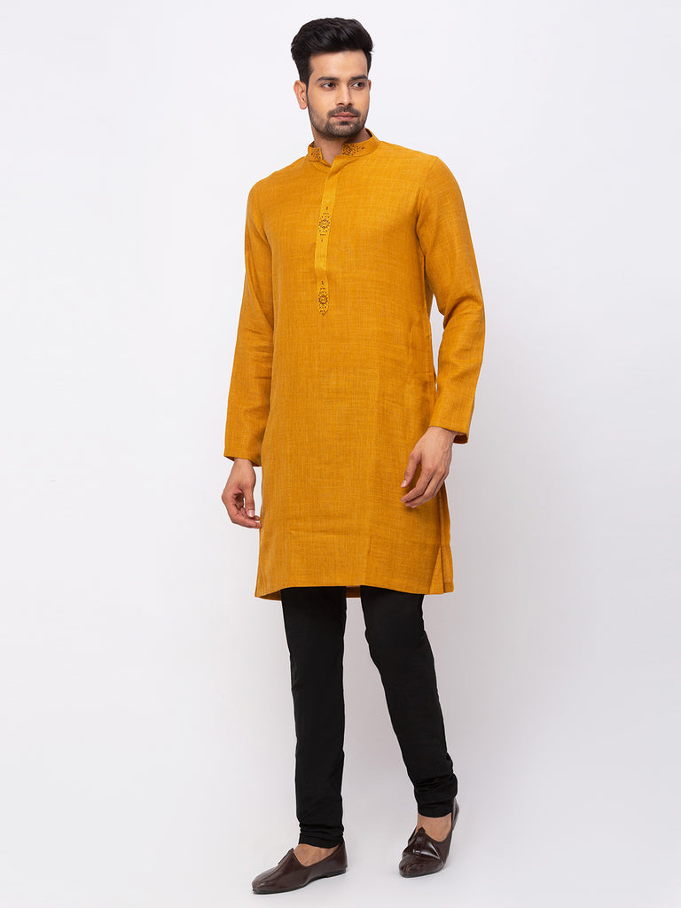 Men Straight Full Sleeve Mustard Kurta