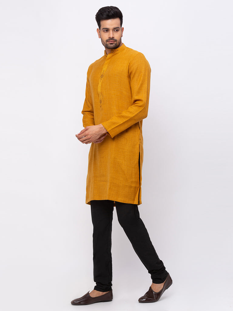 Men Straight Full Sleeve Mustard Kurta