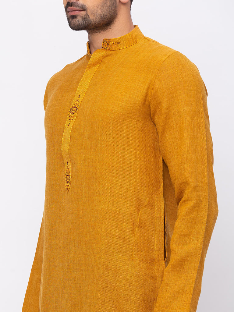 Men Straight Full Sleeve Mustard Kurta