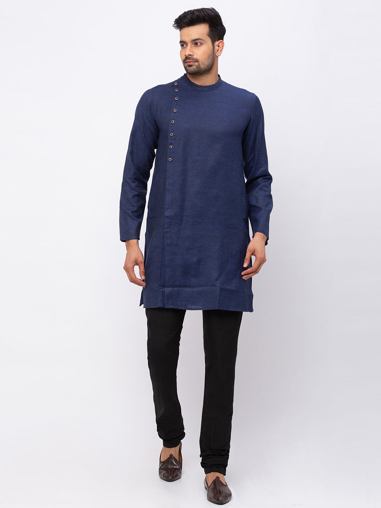 Men Straight Full Sleeve Navy Kurta