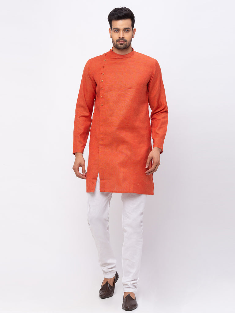 Men Straight Full Sleeve Rust Kurta