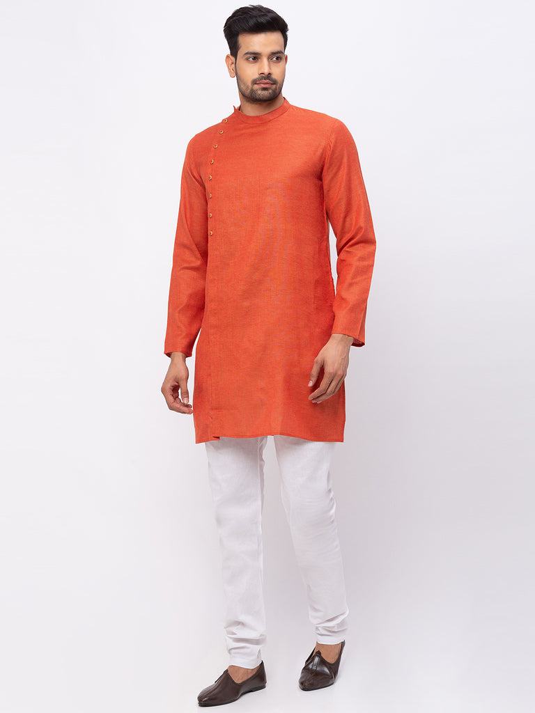 Men Straight Full Sleeve Rust Kurta