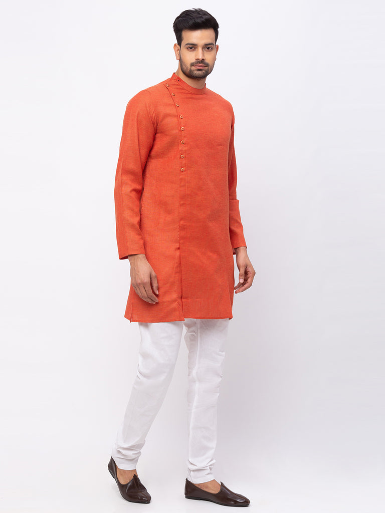 Men Straight Full Sleeve Rust Kurta