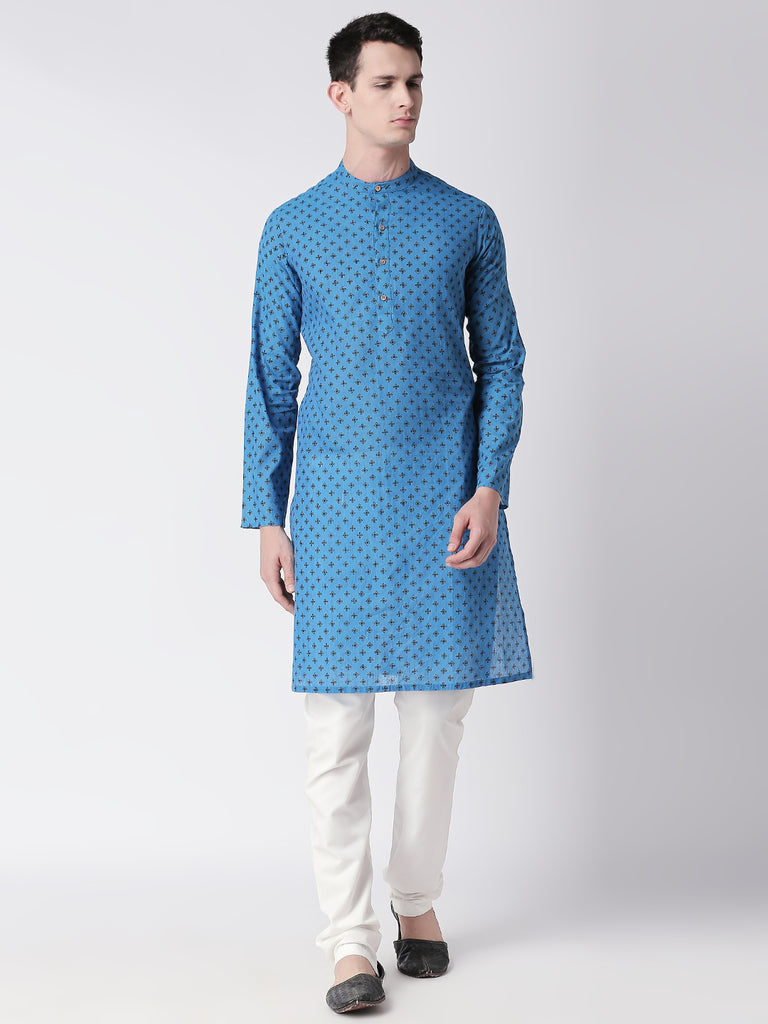 Men Straight Full Sleeve Teal Kurta