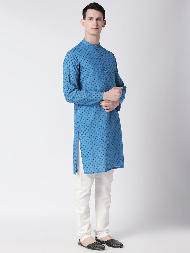 Men Straight Full Sleeve Teal Kurta