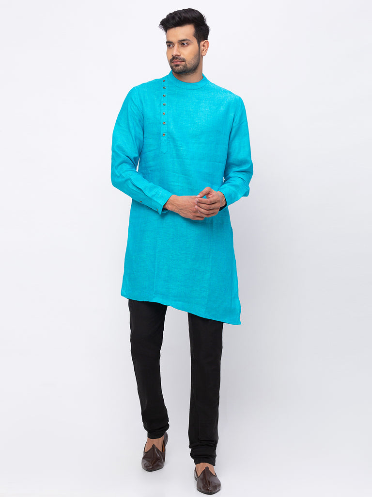 Men Asymmteric Full Sleeve Aqua Kurta