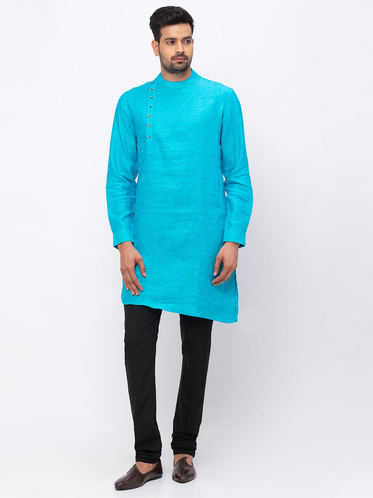 Men Asymmteric Full Sleeve Aqua Kurta