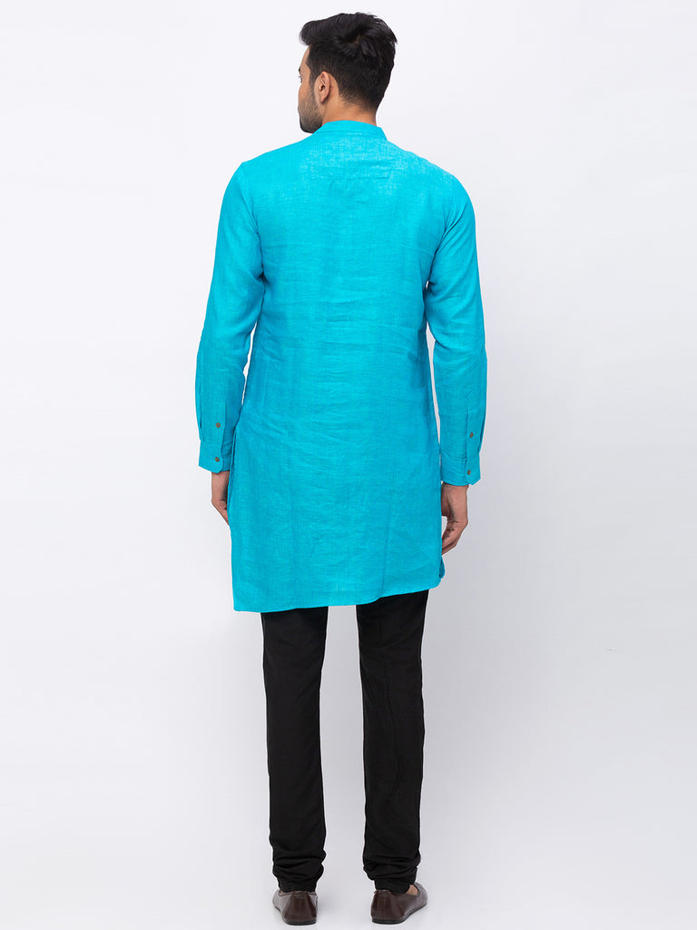 Men Asymmteric Full Sleeve Aqua Kurta