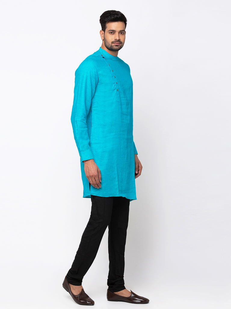 Men Asymmteric Full Sleeve Aqua Kurta