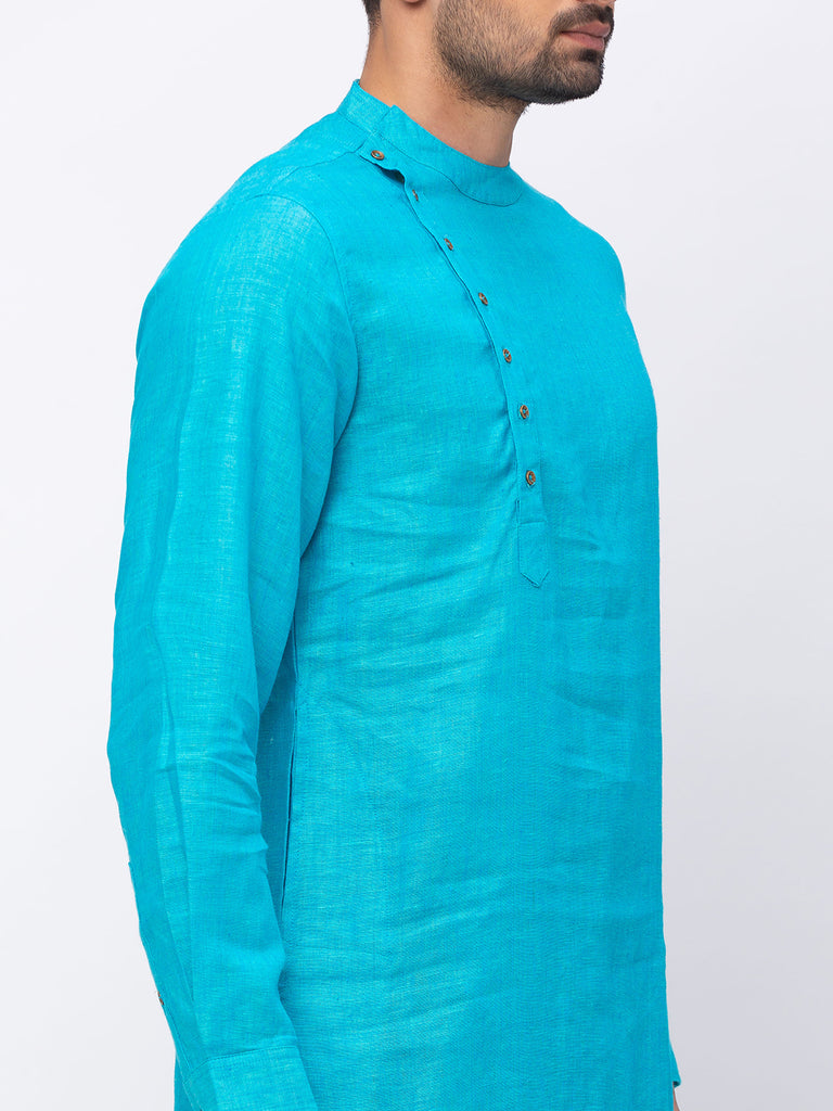 Men Asymmteric Full Sleeve Aqua Kurta