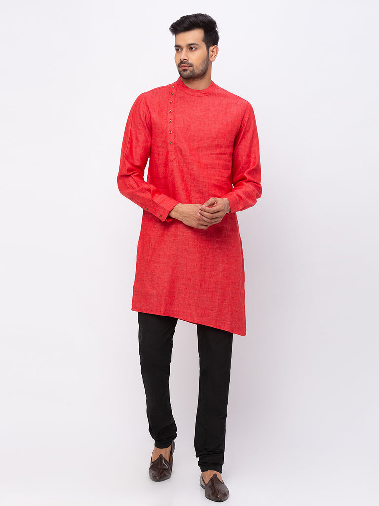 Men Asymmteric Full Sleeve Orange Kurta