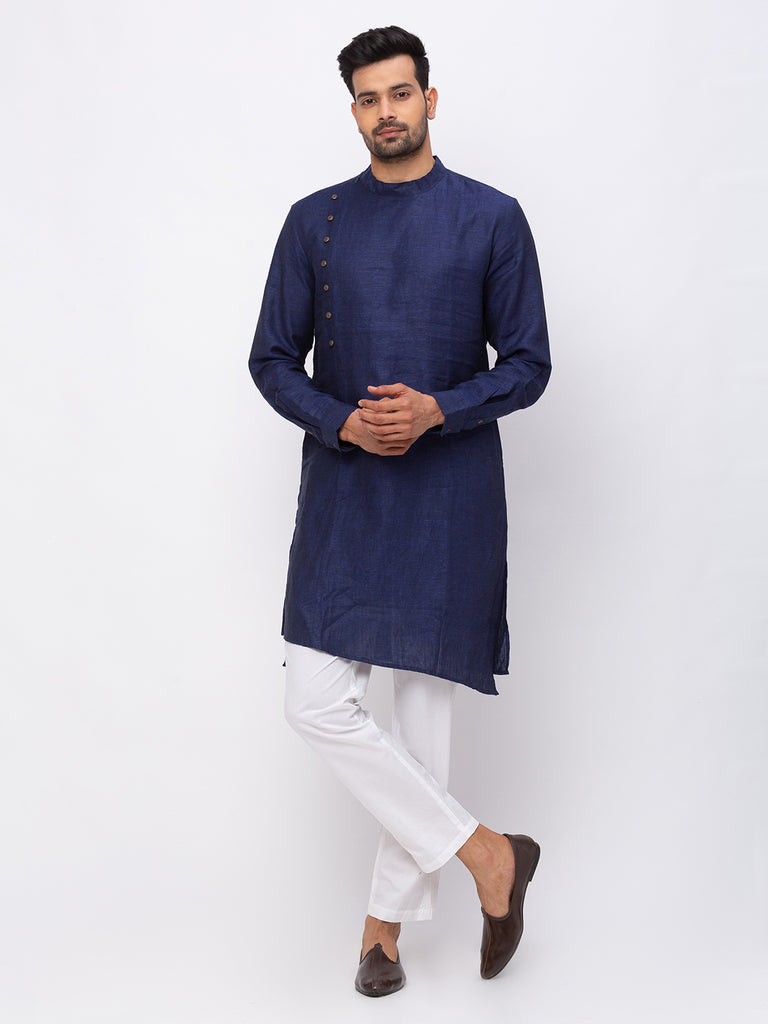 Men Asymmteric Full Sleeve Navy Kurta