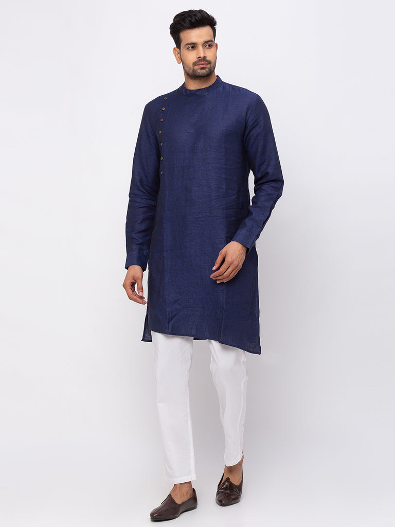 Men Asymmteric Full Sleeve Navy Kurta